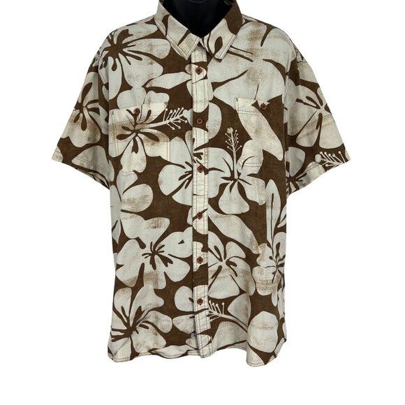 Quiksilver Waterman Men Hawaiian Floral Button Shirt Extra Large Brown Hibiscus - Picture 1 of 9